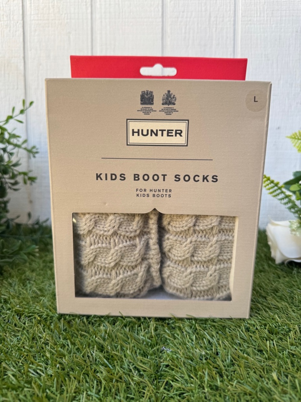 Hunter 6 Stitch Cable
Knit Cuff Fleece Tall Boot
Socks Gray with Logo Sz  L KIDS